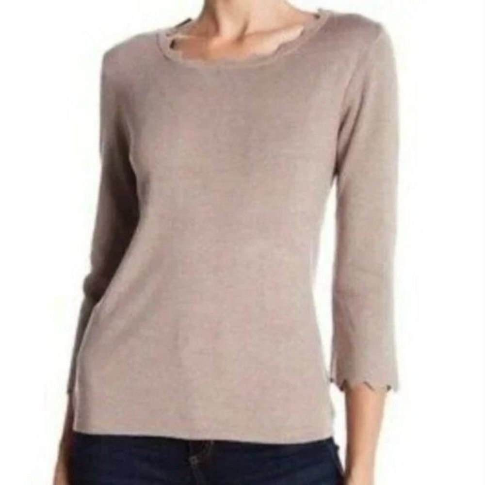 Philosophy Republic Clothing Sweater 3/4 Sleeve Scallop-Edge Size XS Taupe Tan
